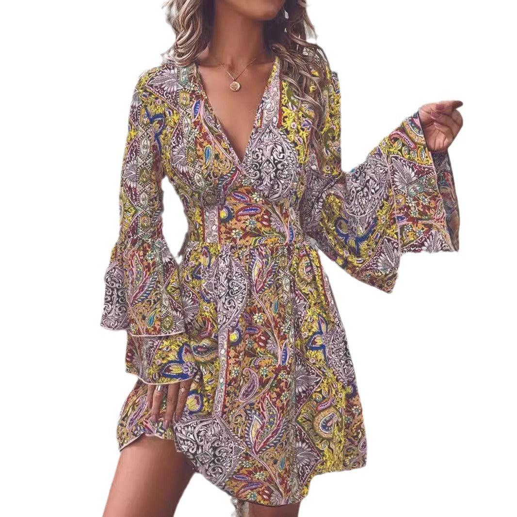 Elegant Women's Paisley Printed V-neck Dress