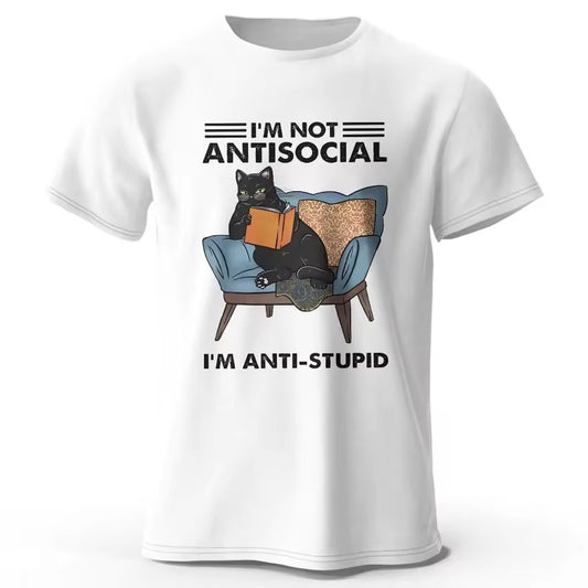 Trendy black cat print short sleeve shirt