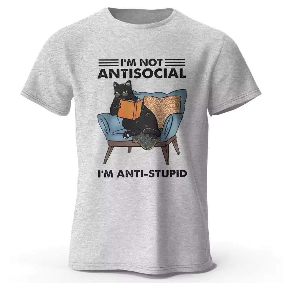 Trendy black cat print short sleeve shirt