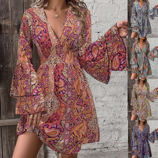 Elegant Women's Paisley Printed V-neck Dress