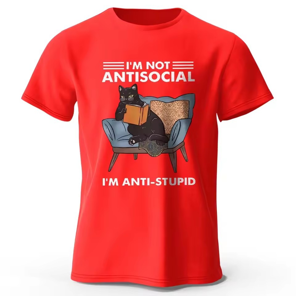 Trendy black cat print short sleeve shirt