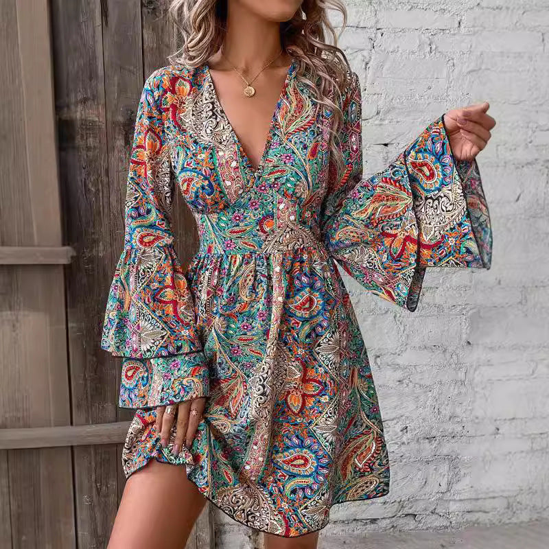 Elegant Women's Paisley Printed V-neck Dress