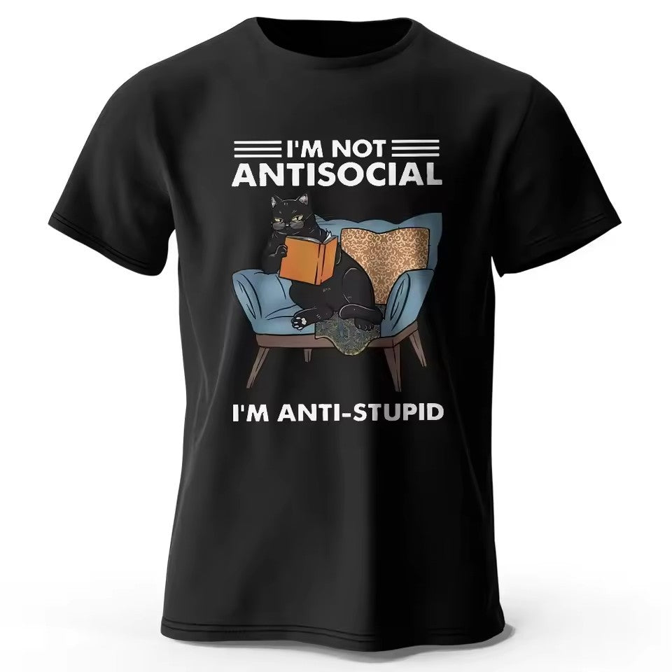 Trendy black cat print short sleeve shirt