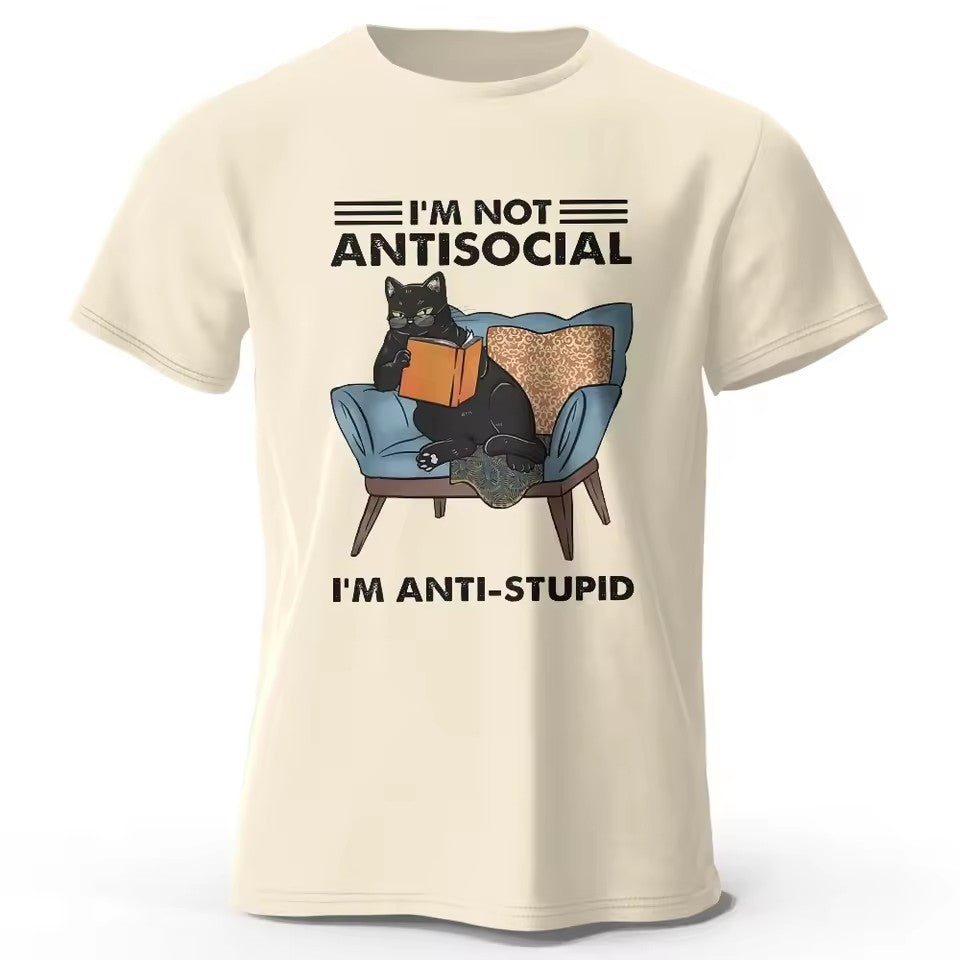 Trendy black cat print short sleeve shirt